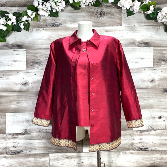 Silk Lore Beth Terrell women's size M 100% silk red shell top & jacket set - Picture 9 of 11